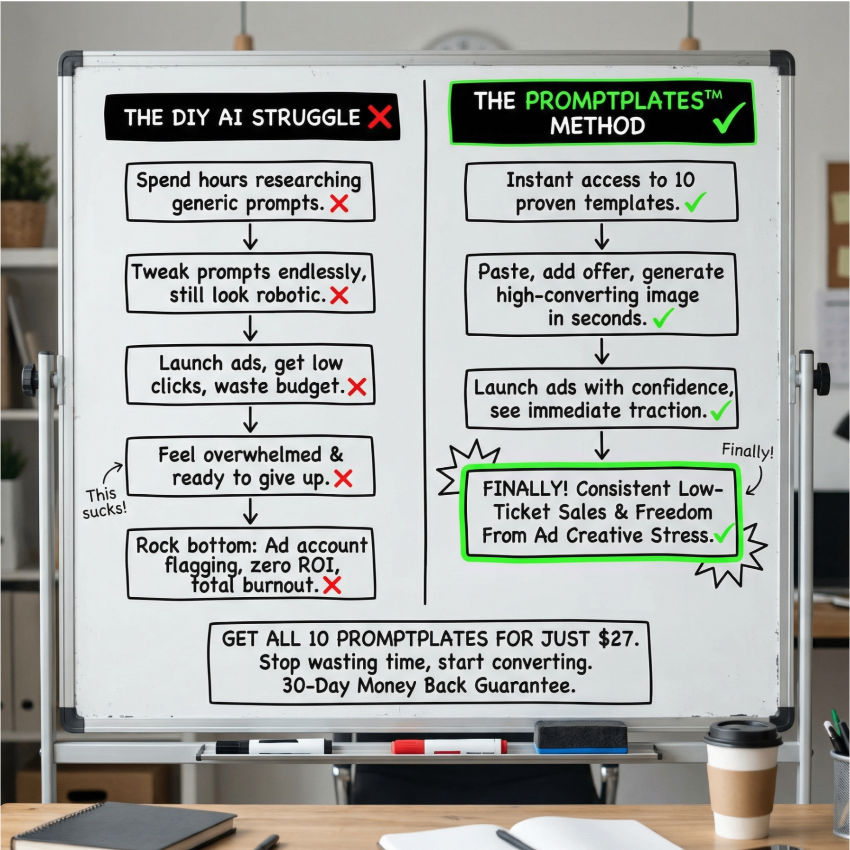 PromptPlates ad creative example - whiteboard comparison