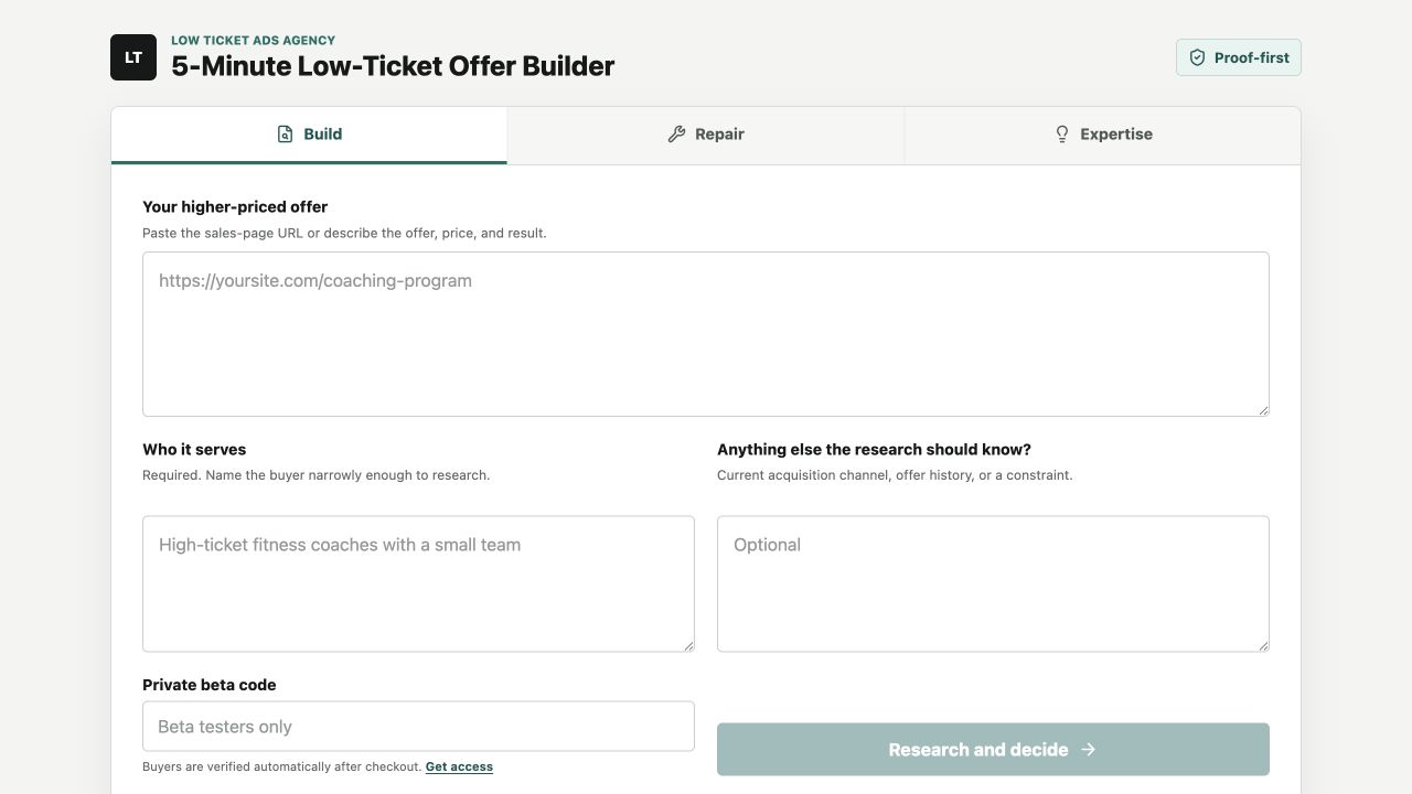 The 5-Minute Low-Ticket Offer Builder research interface